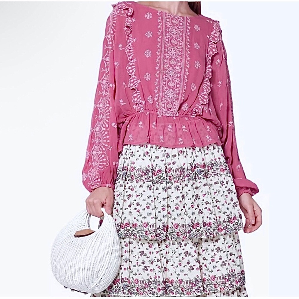 LOVE SHACK FANCY Nellie Embroidered Top Tea Rose Dusty Pink